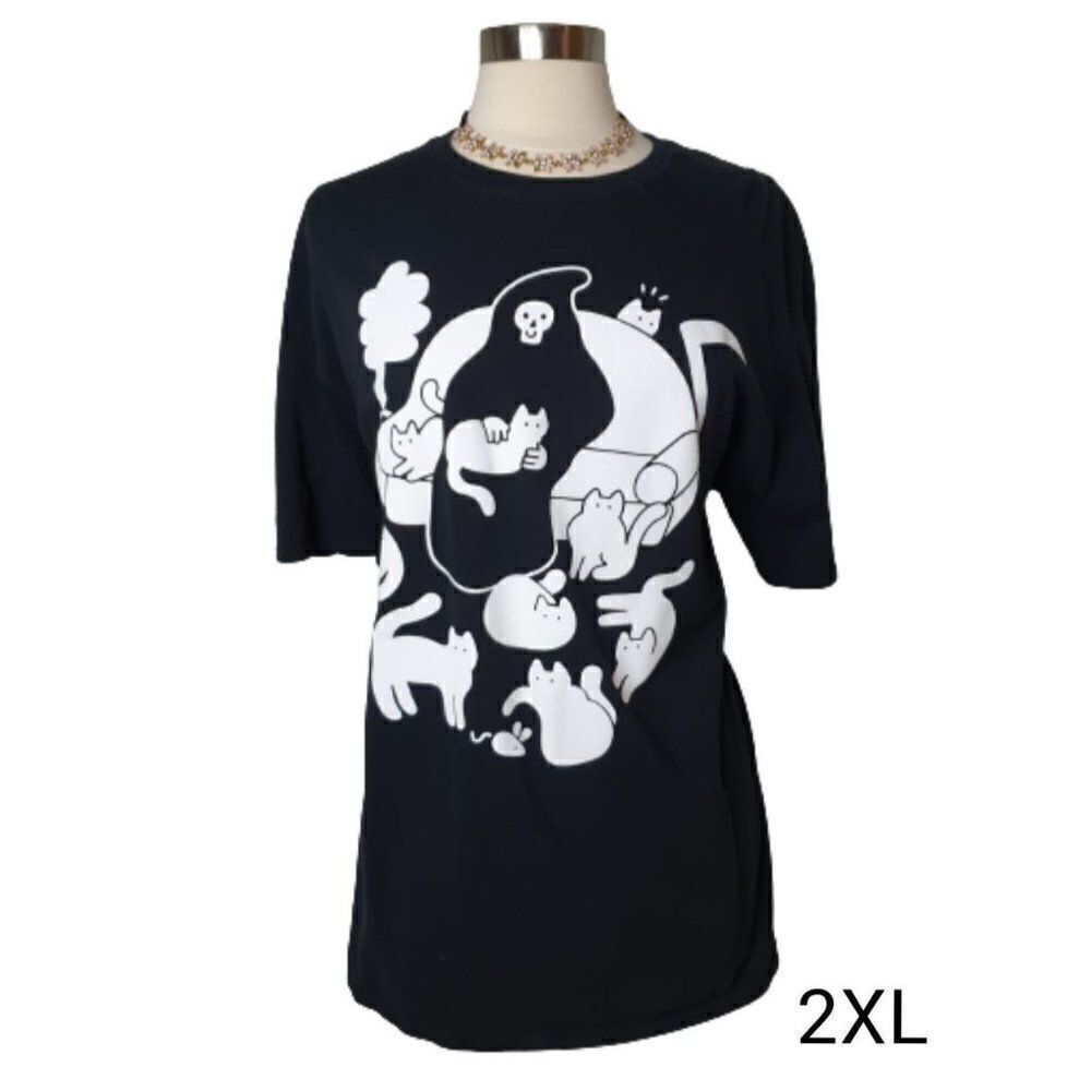 Grim Reaper Kitty T-Shirt 2XL Black White Printed Tee Hot Topic 2XL Unisex